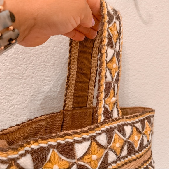 Vintage Handmade Burlap Embroidered Satchel Hand Bag Geometric Tan Brown Boho - Picture 9 of 15
